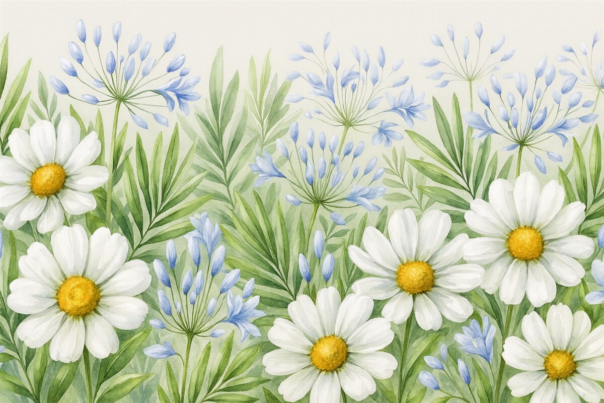 Fototapeta stokrotki, dzikie kwiaty, liście, błękitne kwiaty, aranżacja kwiatowa