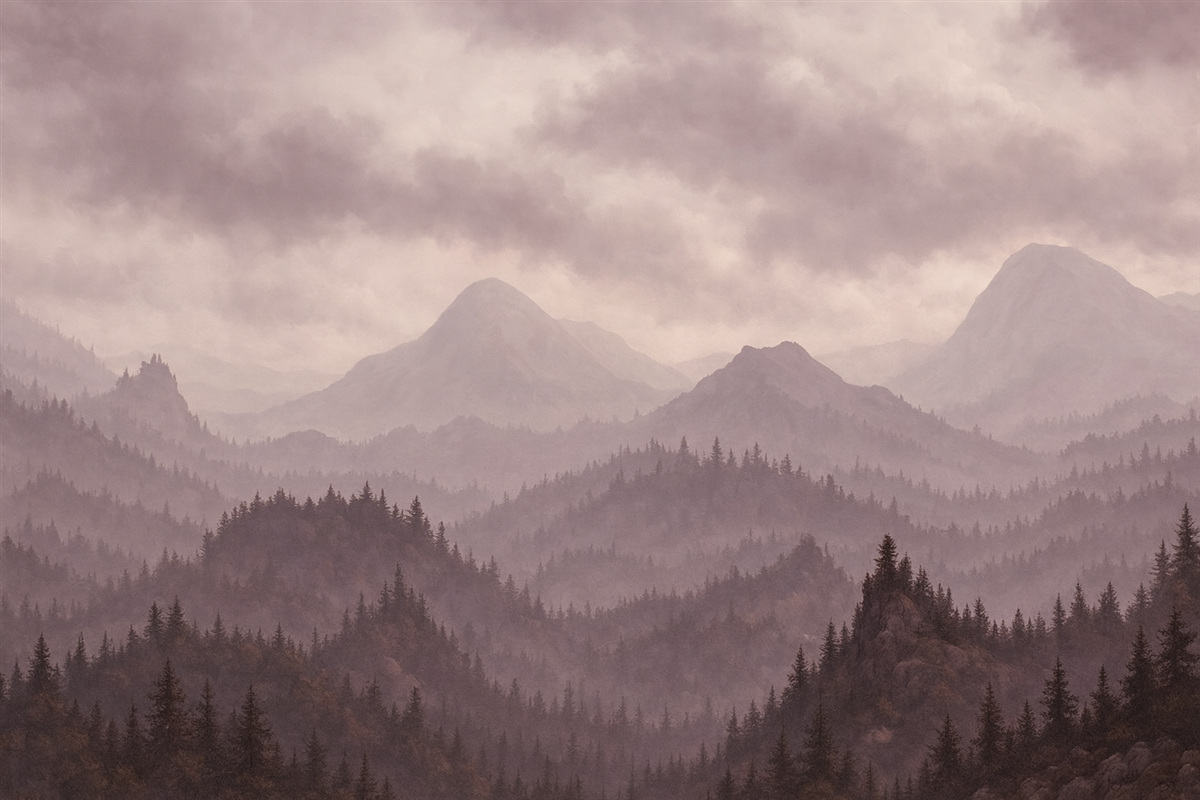 Fototapeta Mgliste szczyty z puszystymi różowymi chmurami na niebie.