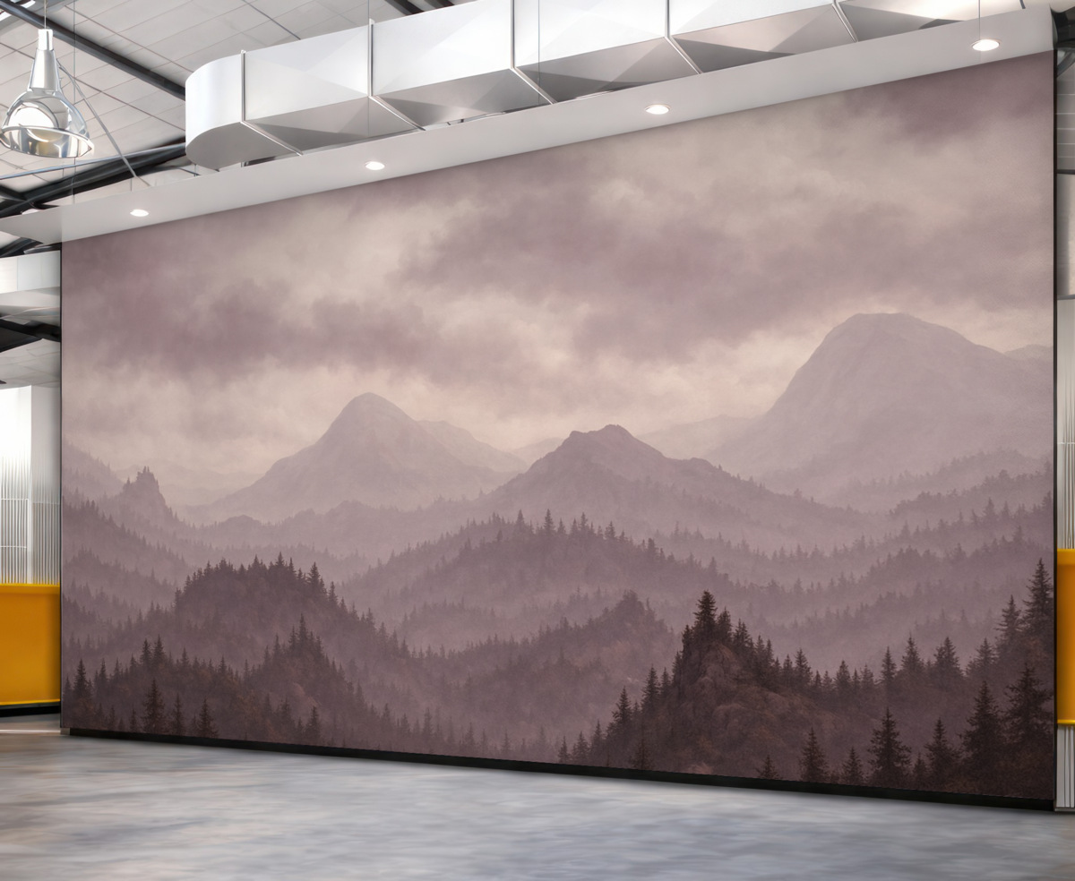 Fototapeta Mgliste szczyty z puszystymi różowymi chmurami na niebie.