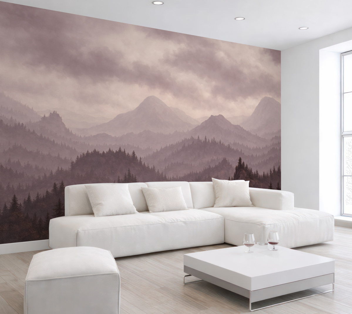 Fototapeta Mgliste szczyty z puszystymi różowymi chmurami na niebie.