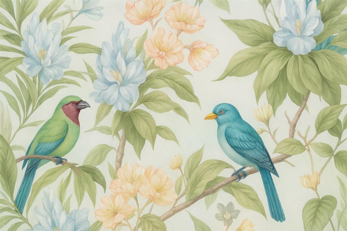 Fototapeta Tropikalne ptaki na konarach kwitnących drzew.