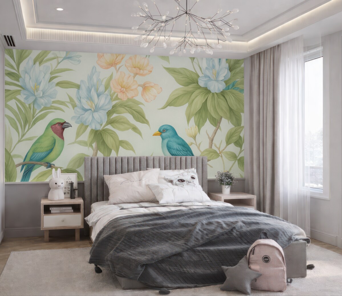 Fototapeta Tropikalne ptaki na konarach kwitnących drzew.