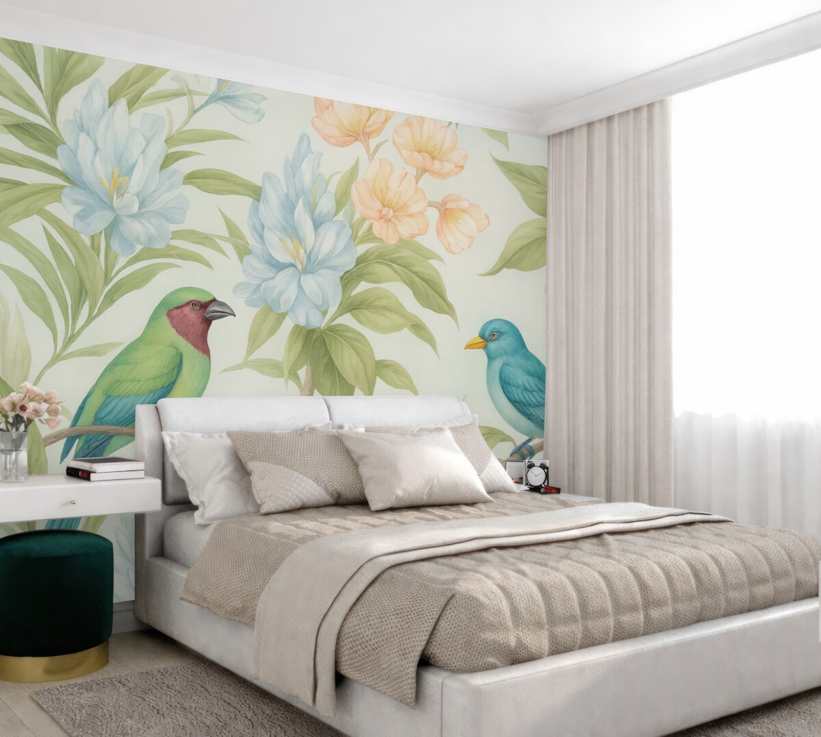 Fototapeta Tropikalne ptaki na konarach kwitnących drzew.