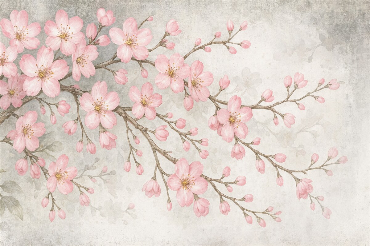 Fototapeta Kwitnąca gałązka na szarym tle.