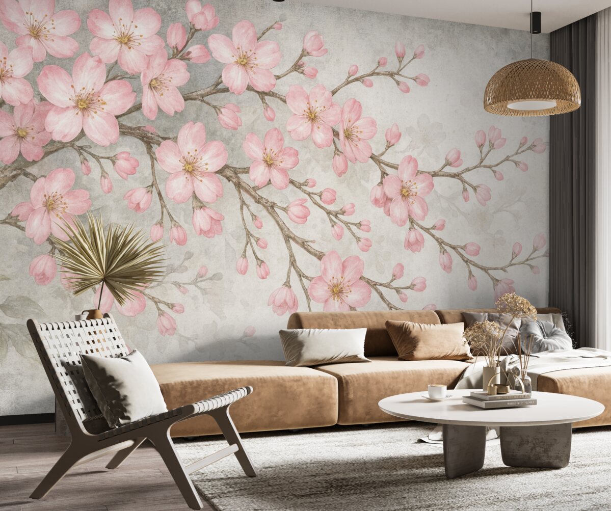 Fototapeta Kwitnąca gałązka na szarym tle.