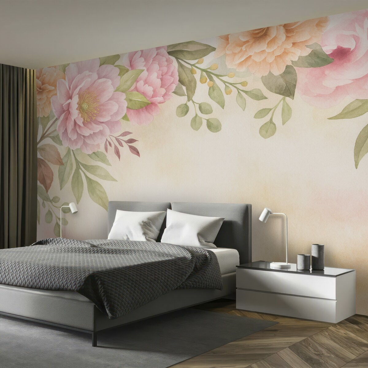 Fototapeta Wielkie kwiaty wiszące na subtelnym jasnym tle.