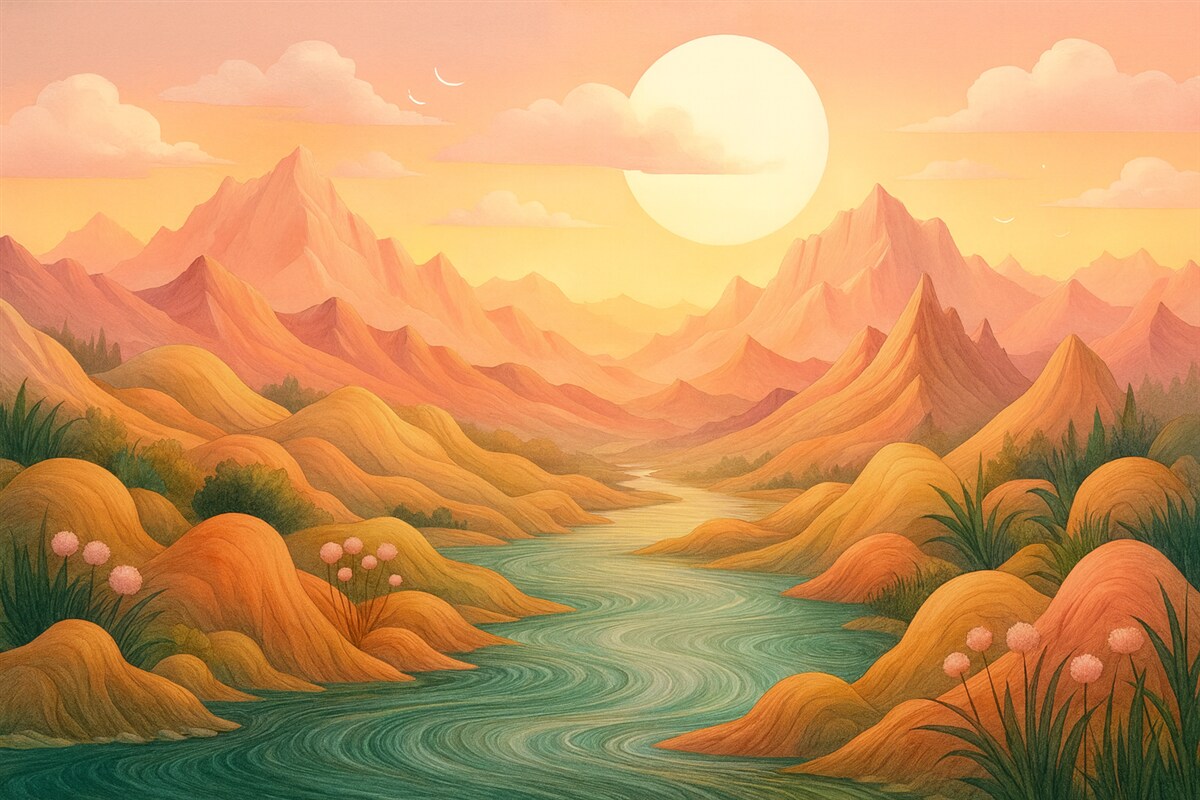 Fototapeta Znakomity, pastelowy pejzaż z subtelnie różowymi i brzoskwiniowymi wzgórzami.