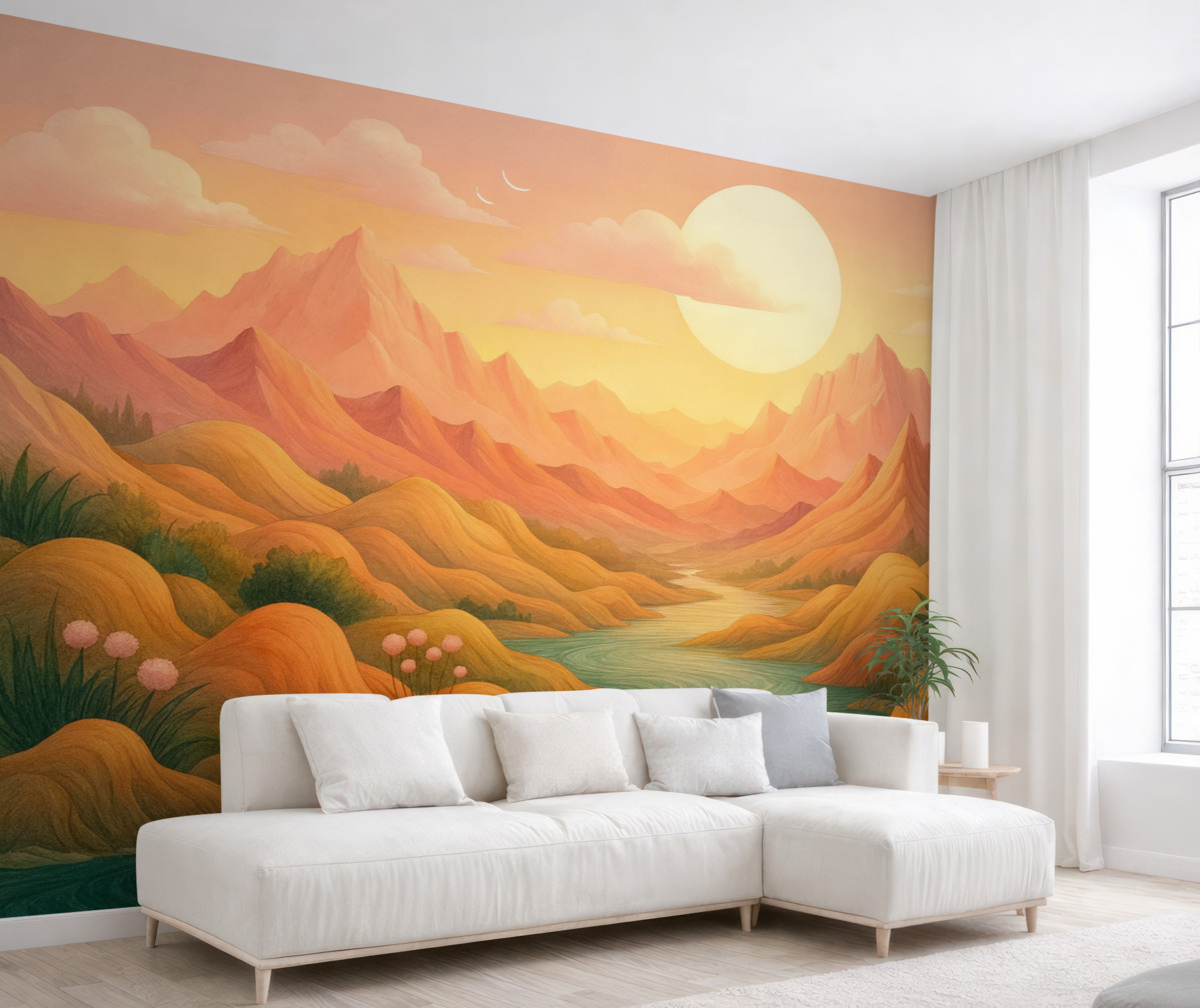 Fototapeta Znakomity, pastelowy pejzaż z subtelnie różowymi i brzoskwiniowymi wzgórzami.