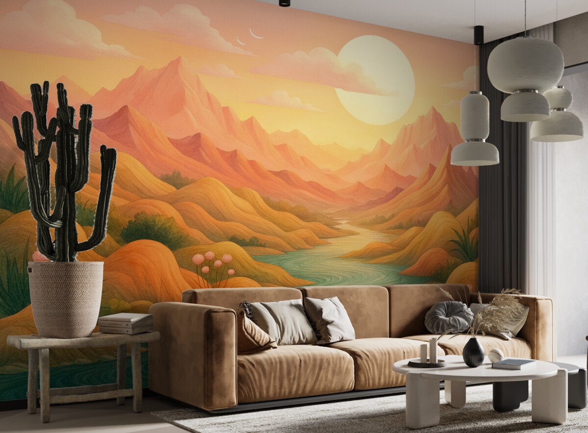 Fototapeta Znakomity, pastelowy pejzaż z subtelnie różowymi i brzoskwiniowymi wzgórzami.