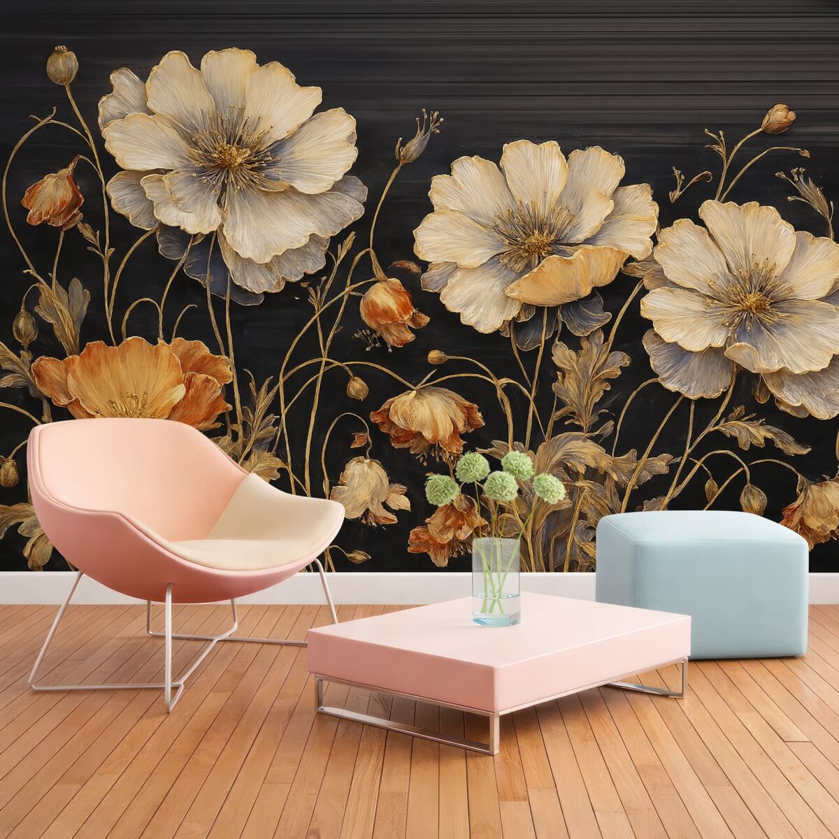 Fototapeta Ciemna scena, ogromne kwiaty, wysokie rośliny.