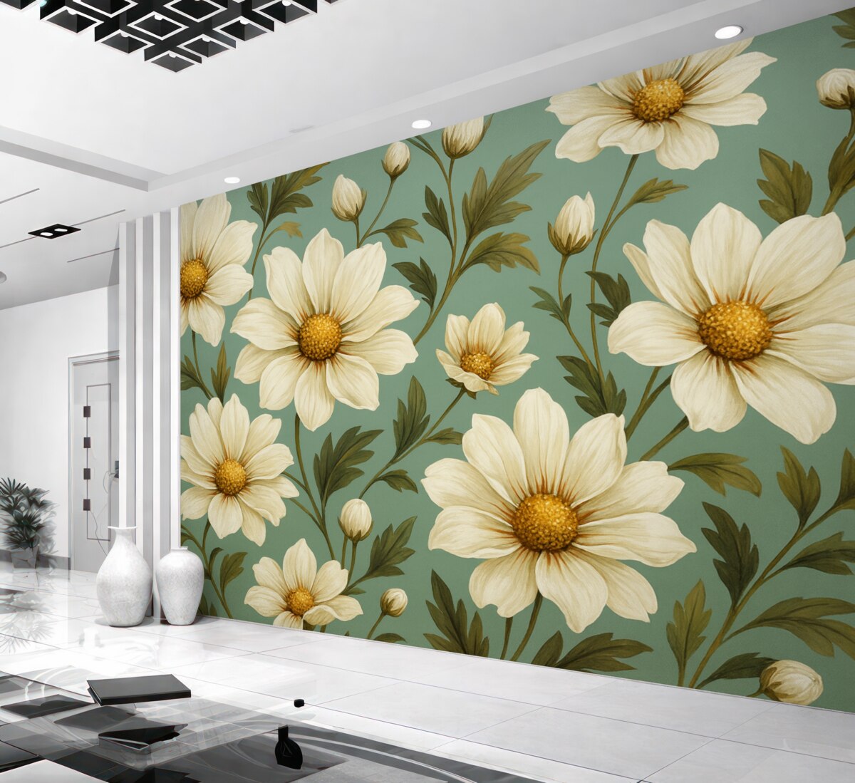 Fototapeta Wielkie stokrotki, błękitne tło.