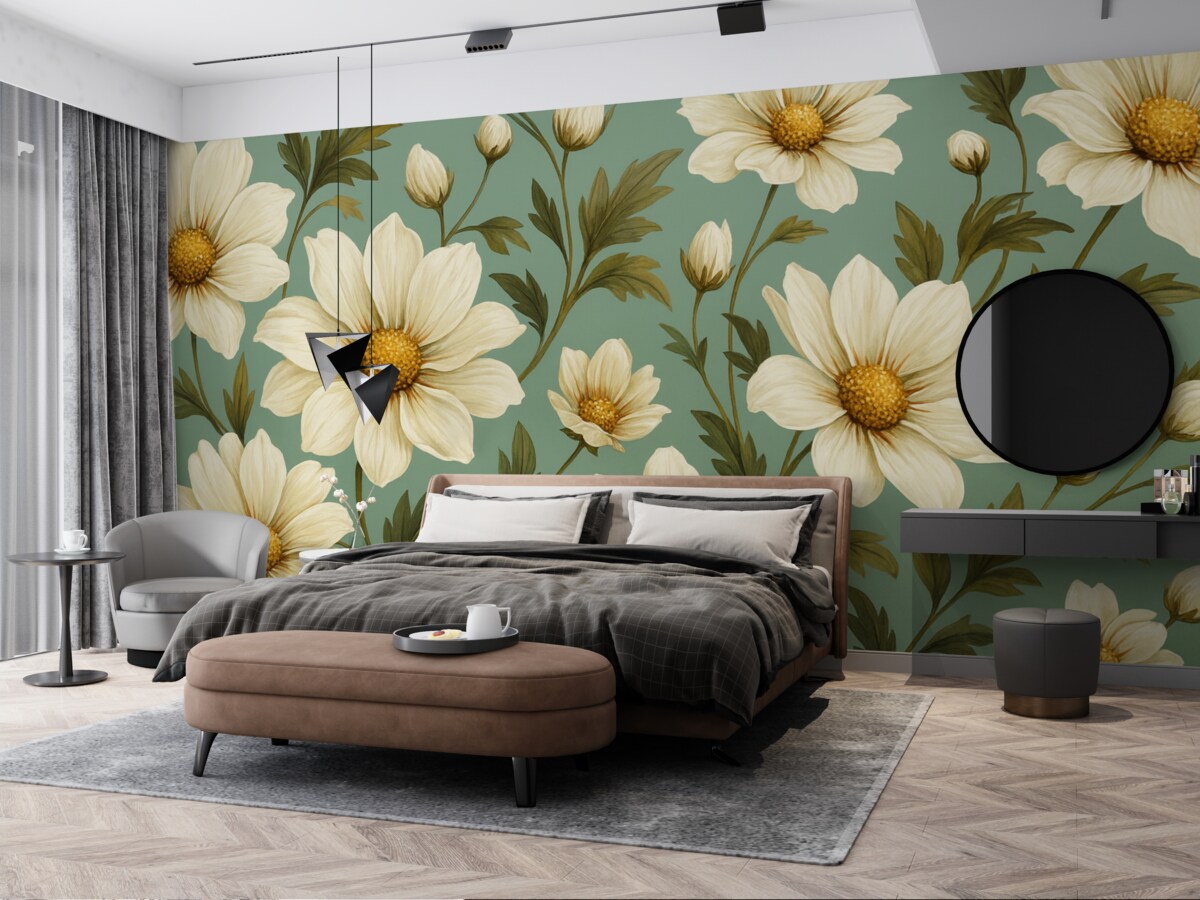 Fototapeta Wielkie stokrotki, błękitne tło.