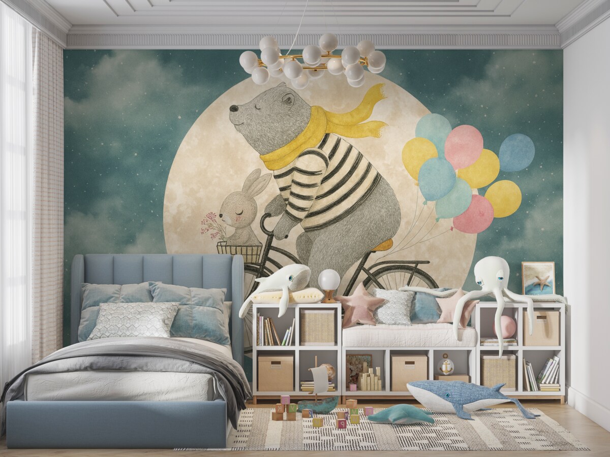 Fototapeta Tapeta dla maluchów, miś, królik, miś na rowerze, odb echoes.