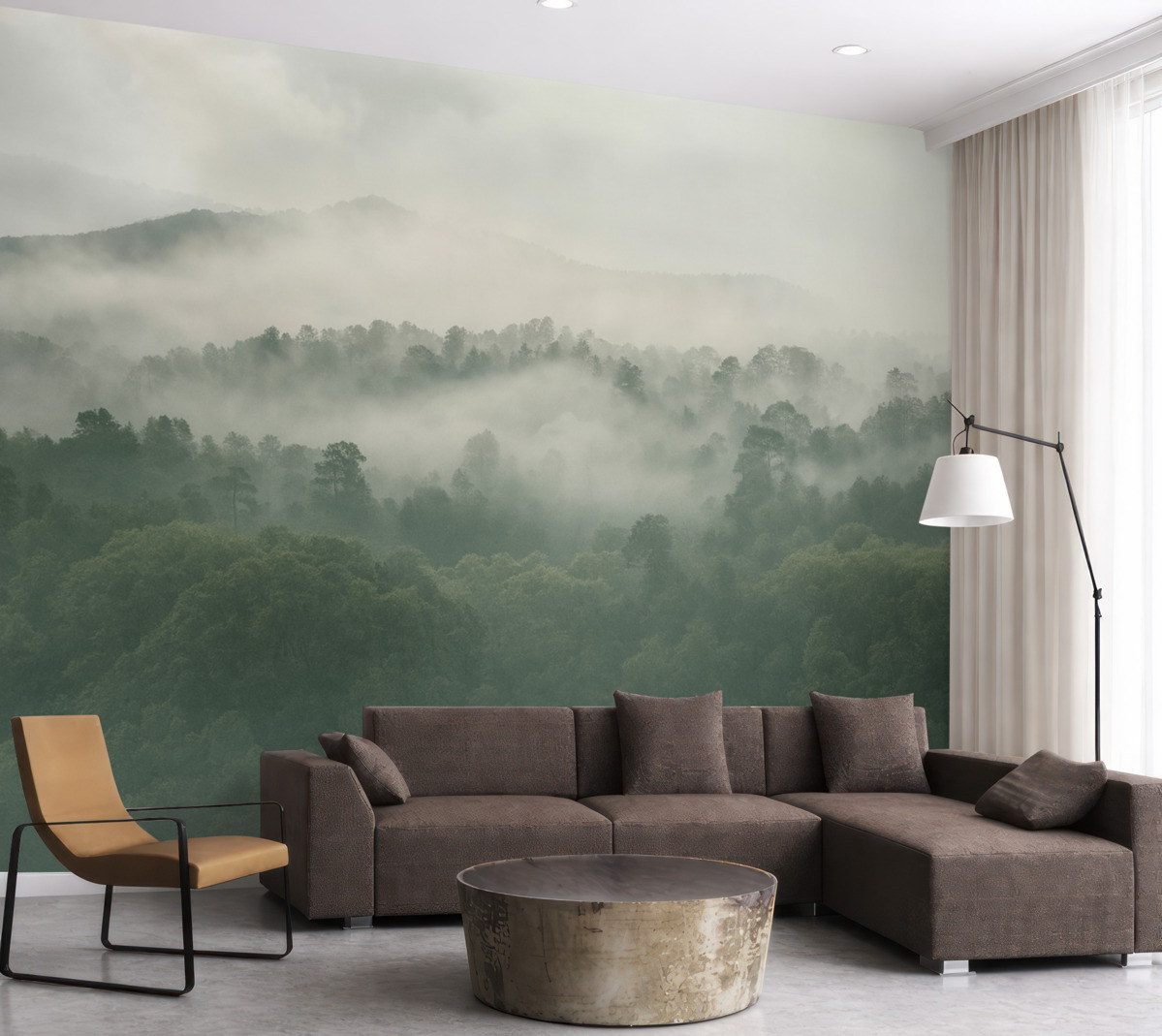 Fototapeta zielony zamglony las za oknem