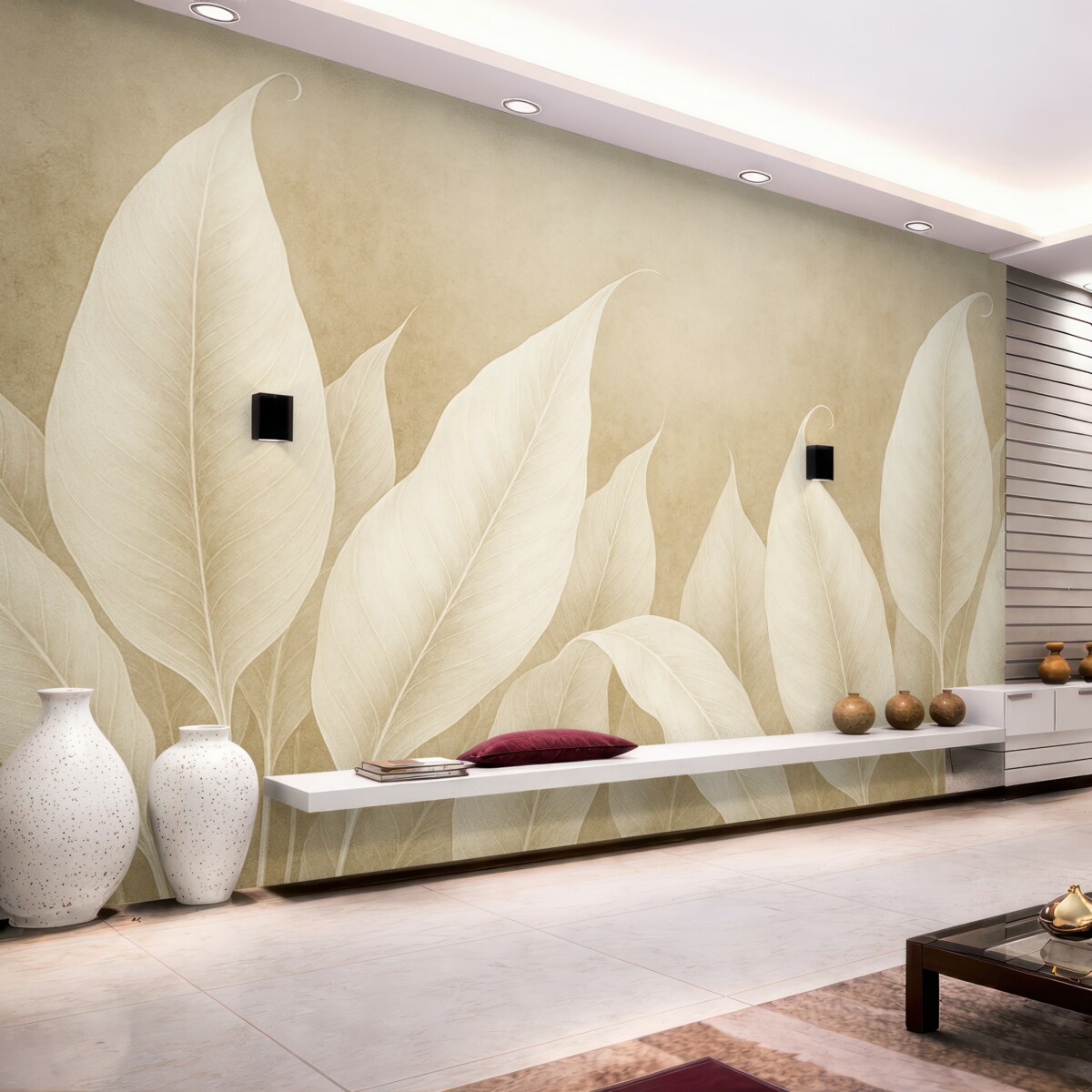 Fototapeta obszerne białe liście na beżowym tle