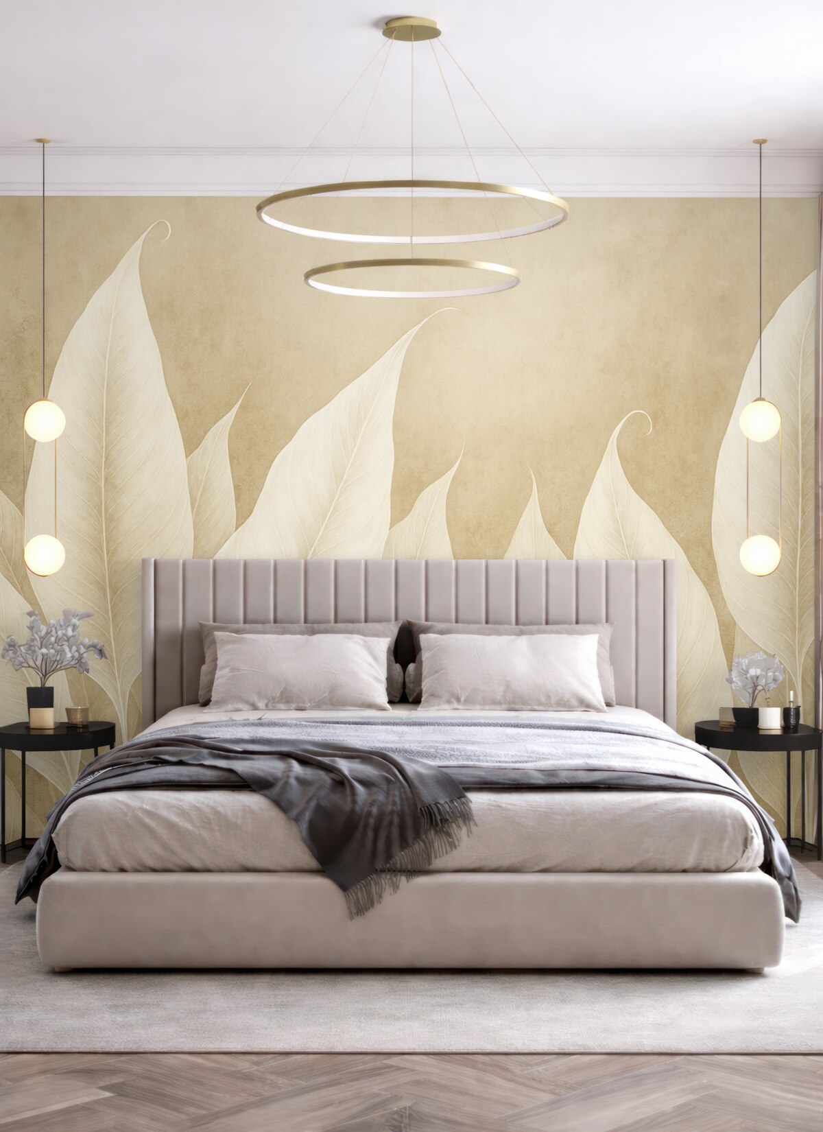 Fototapeta obszerne białe liście na beżowym tle