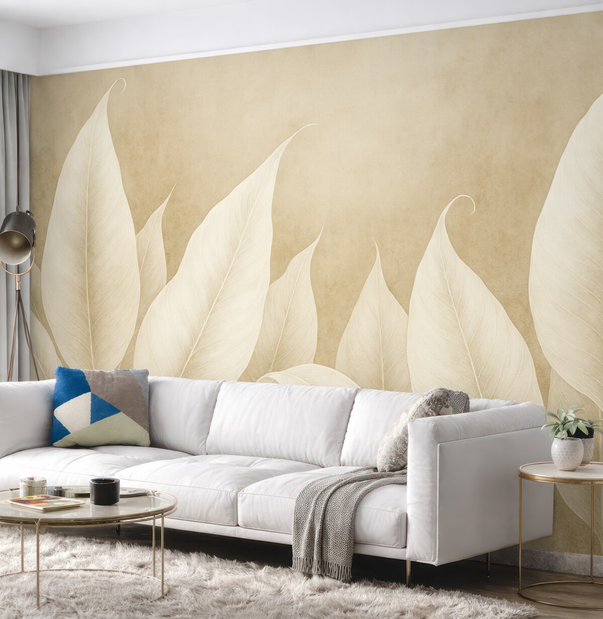 Fototapeta obszerne białe liście na beżowym tle