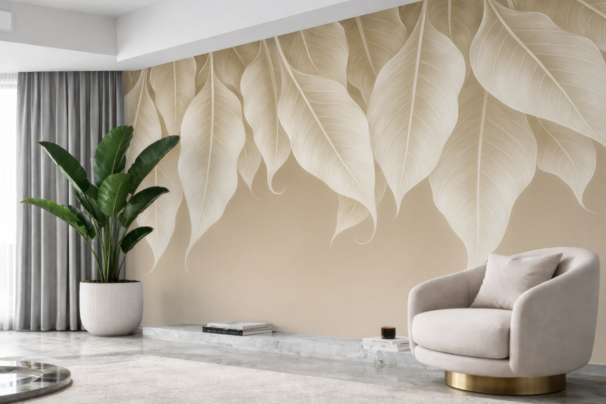 Fototapeta wiszące rozłożyste liście w odcieniu beżowym