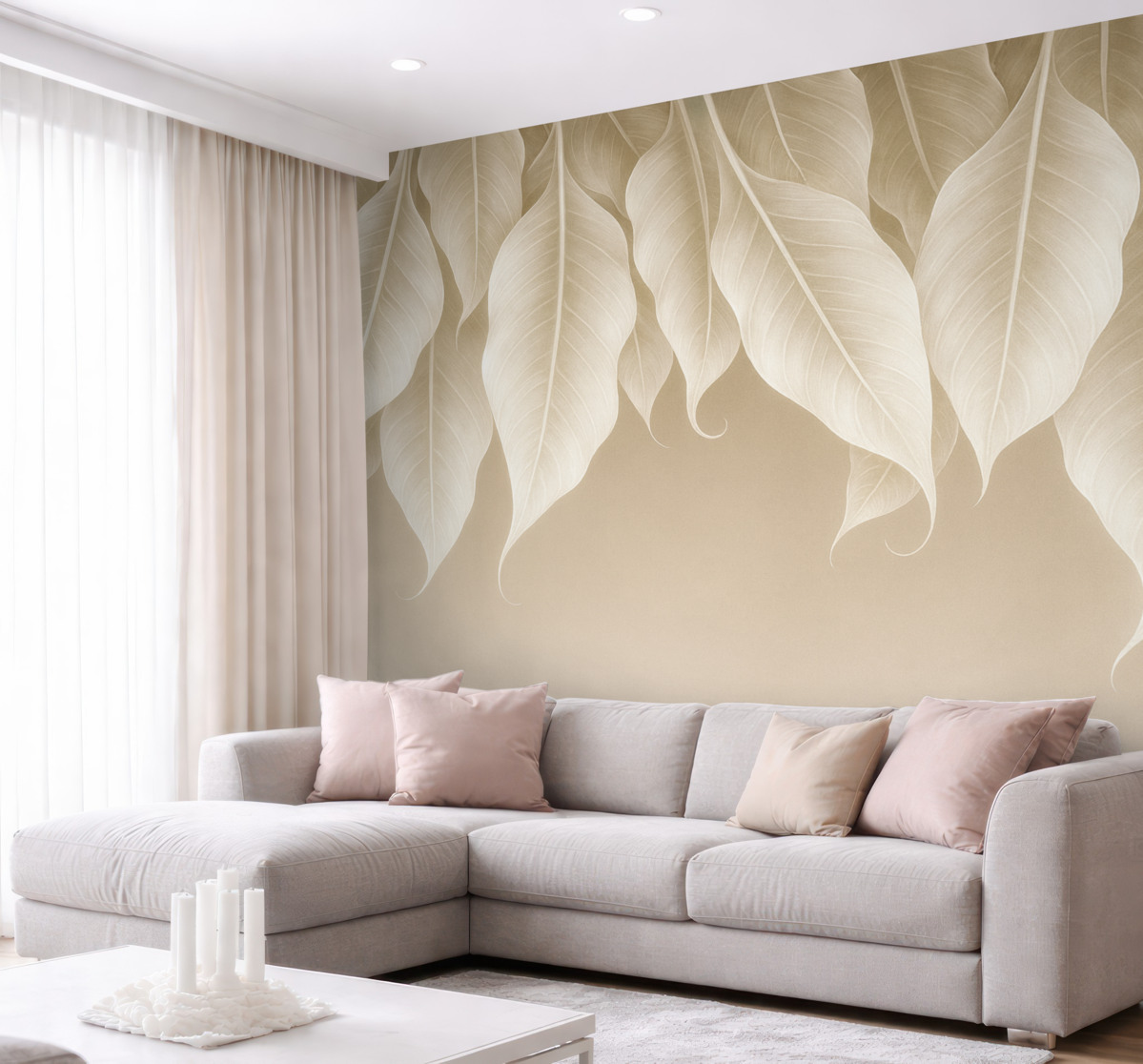Fototapeta wiszące rozłożyste liście w odcieniu beżowym