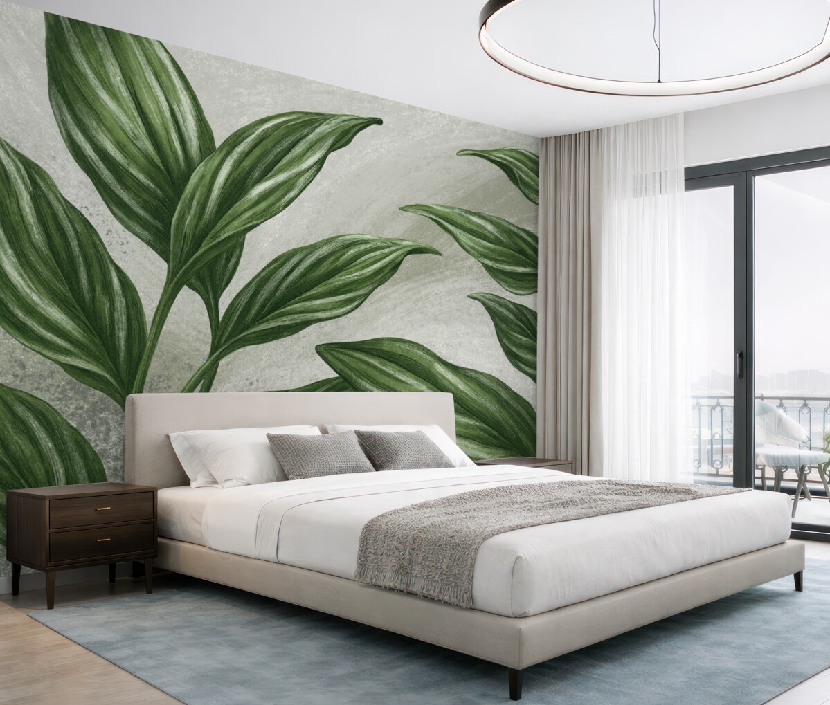 Fototapeta Tropikalne zielone liście na szarym tle.