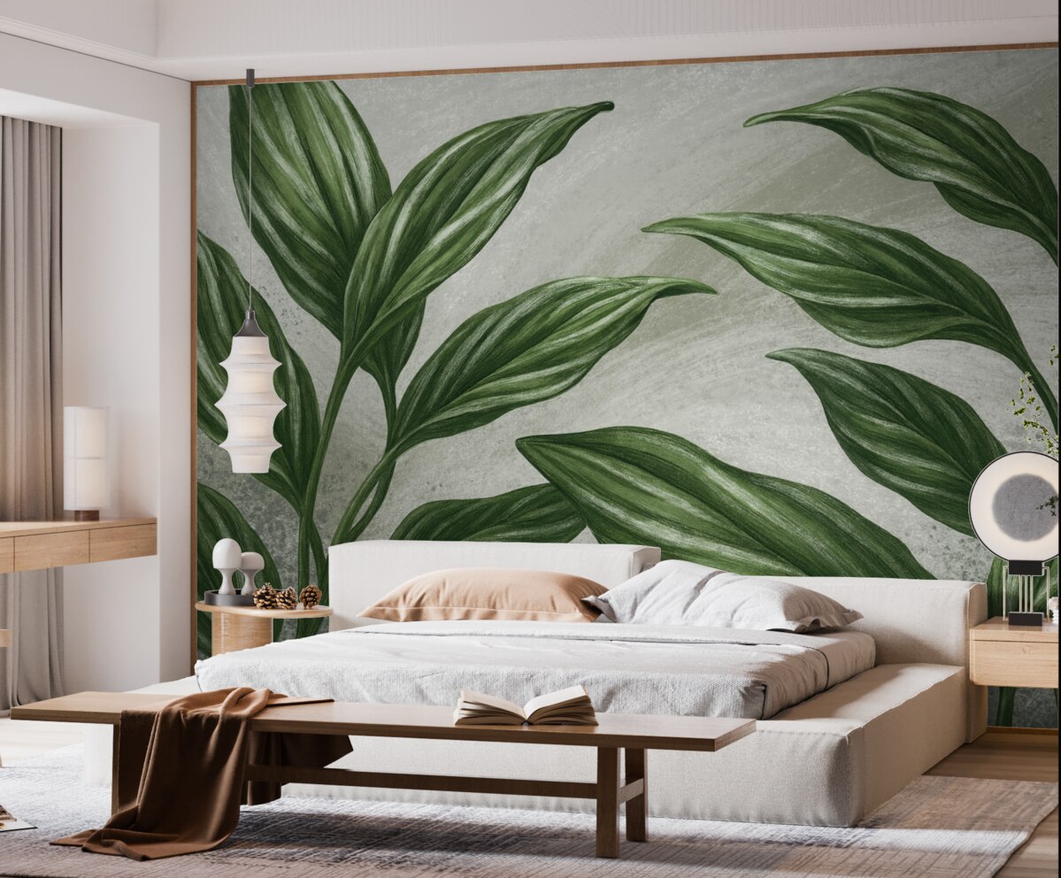 Fototapeta Tropikalne zielone liście na szarym tle.