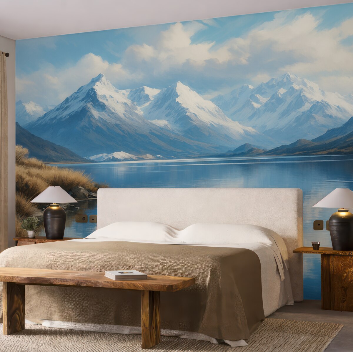 Fototapeta Widok gór i jeziora w zimowy poranek.