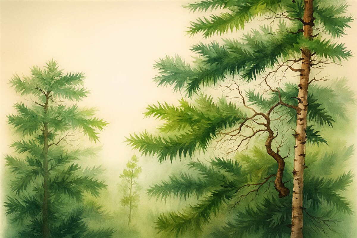 Fototapeta Sosny w lesie, akwarela o kolorze zielonym.