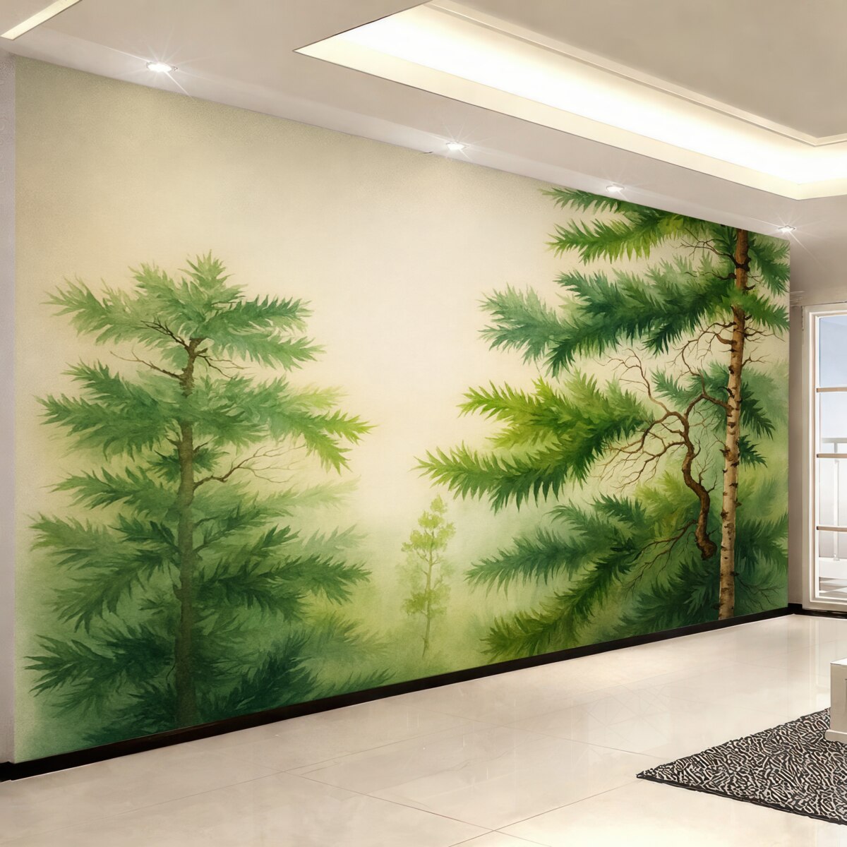 Fototapeta Sosny w lesie, akwarela o kolorze zielonym.