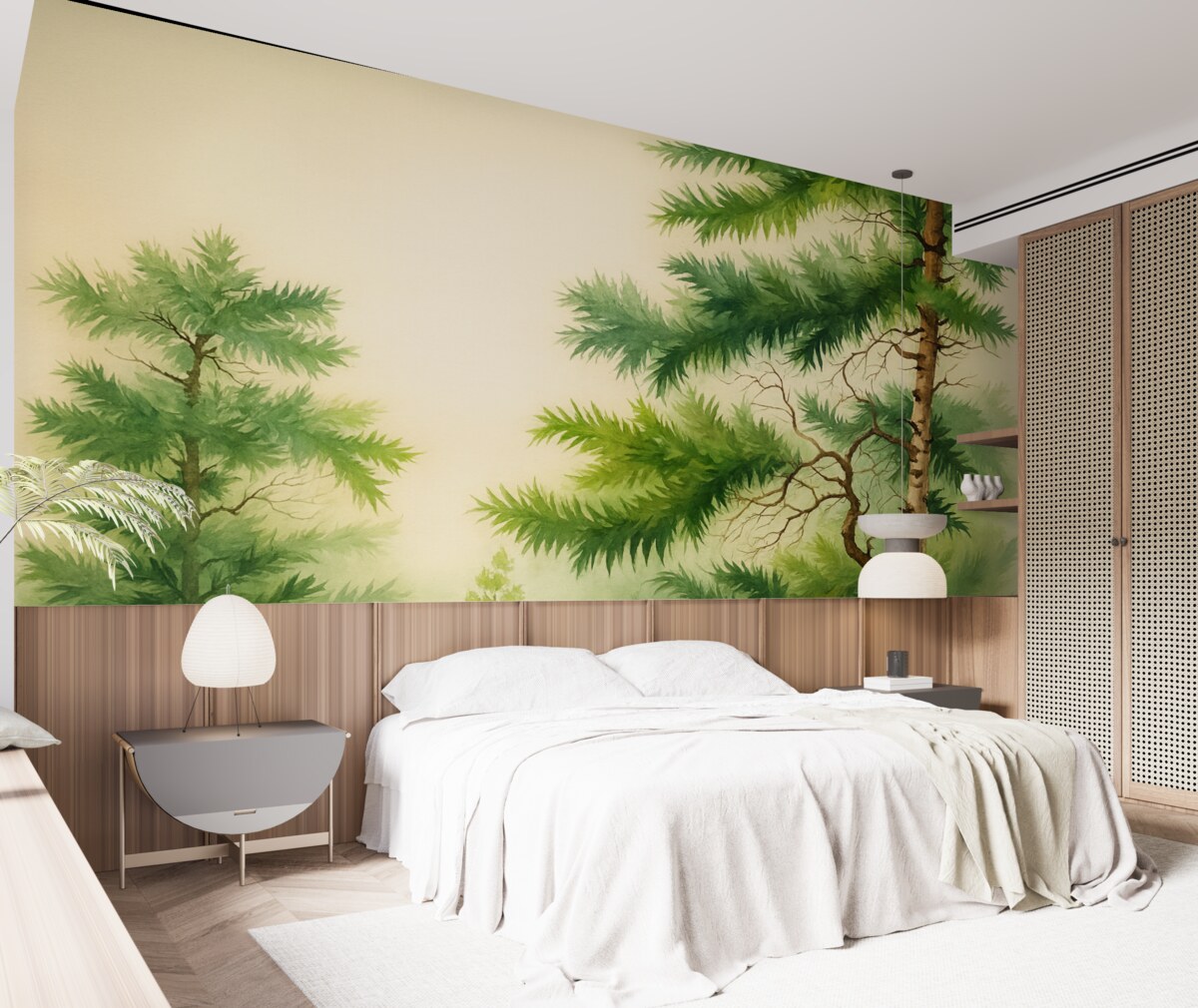 Fototapeta Sosny w lesie, akwarela o kolorze zielonym.