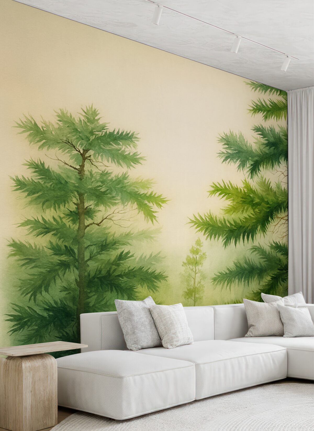 Fototapeta Sosny w lesie, akwarela o kolorze zielonym.