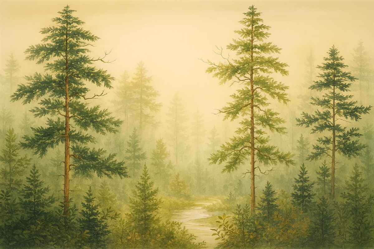 Fototapeta Akwarela sosnowego lasu, odcień zielony.