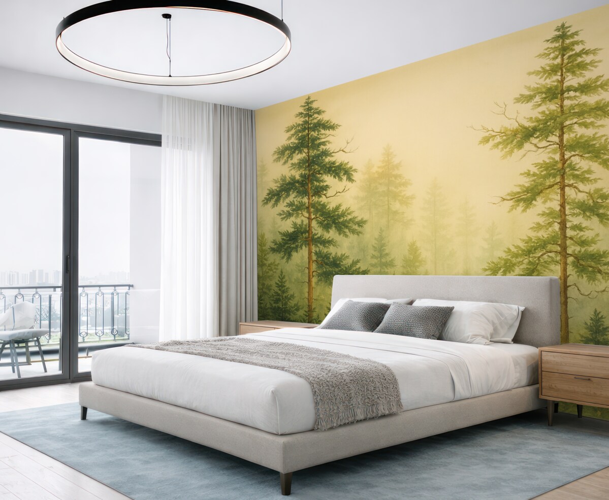 Fototapeta Akwarela sosnowego lasu, odcień zielony.