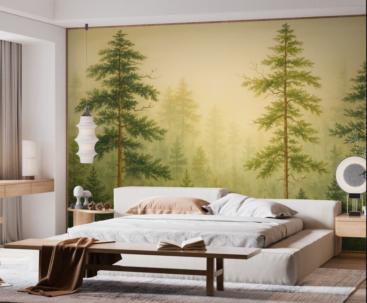 Fototapeta Akwarela sosnowego lasu, odcień zielony.