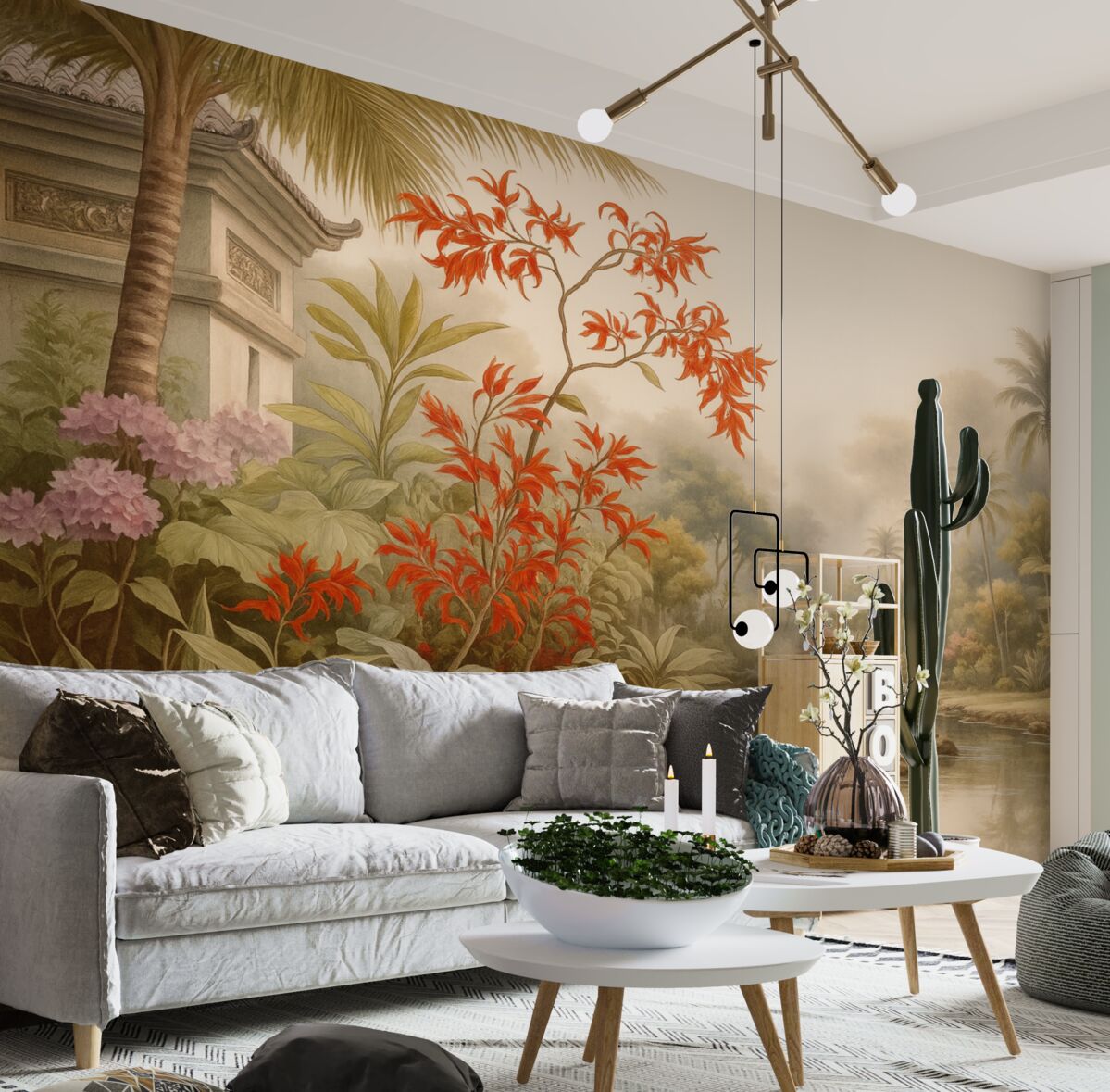 Fototapeta Dżungla z rozwijającymi się krzewami w okolicy stawu, akwarela.