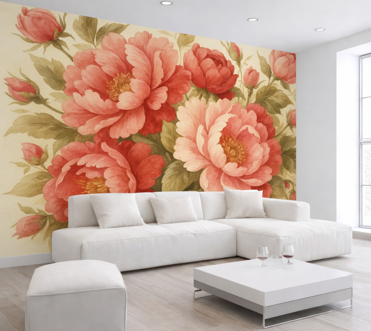 Fototapeta Róże w stylistyce vintage akwarela, różowy, czerwony, zielony.