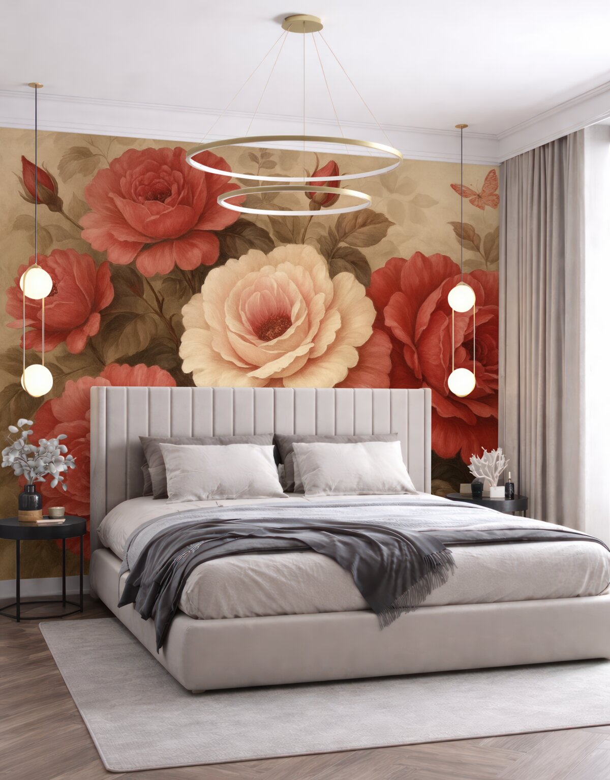 Fototapeta Kwiaty w stylu retro, w odcieniach różu i czerwieni.