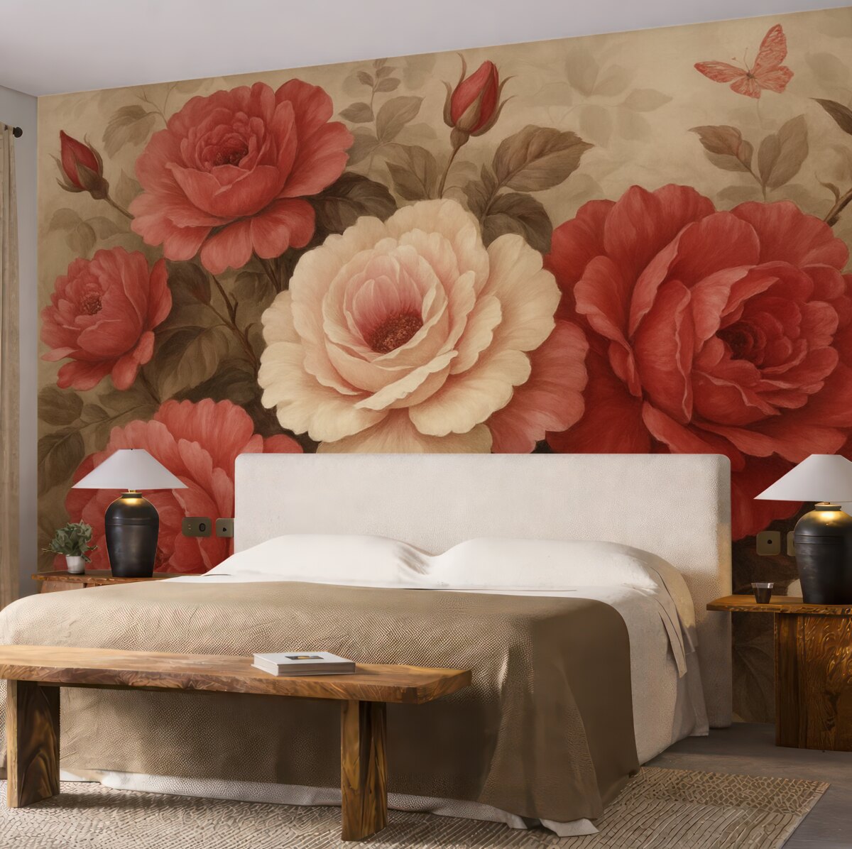 Fototapeta Kwiaty w stylu retro, w odcieniach różu i czerwieni.