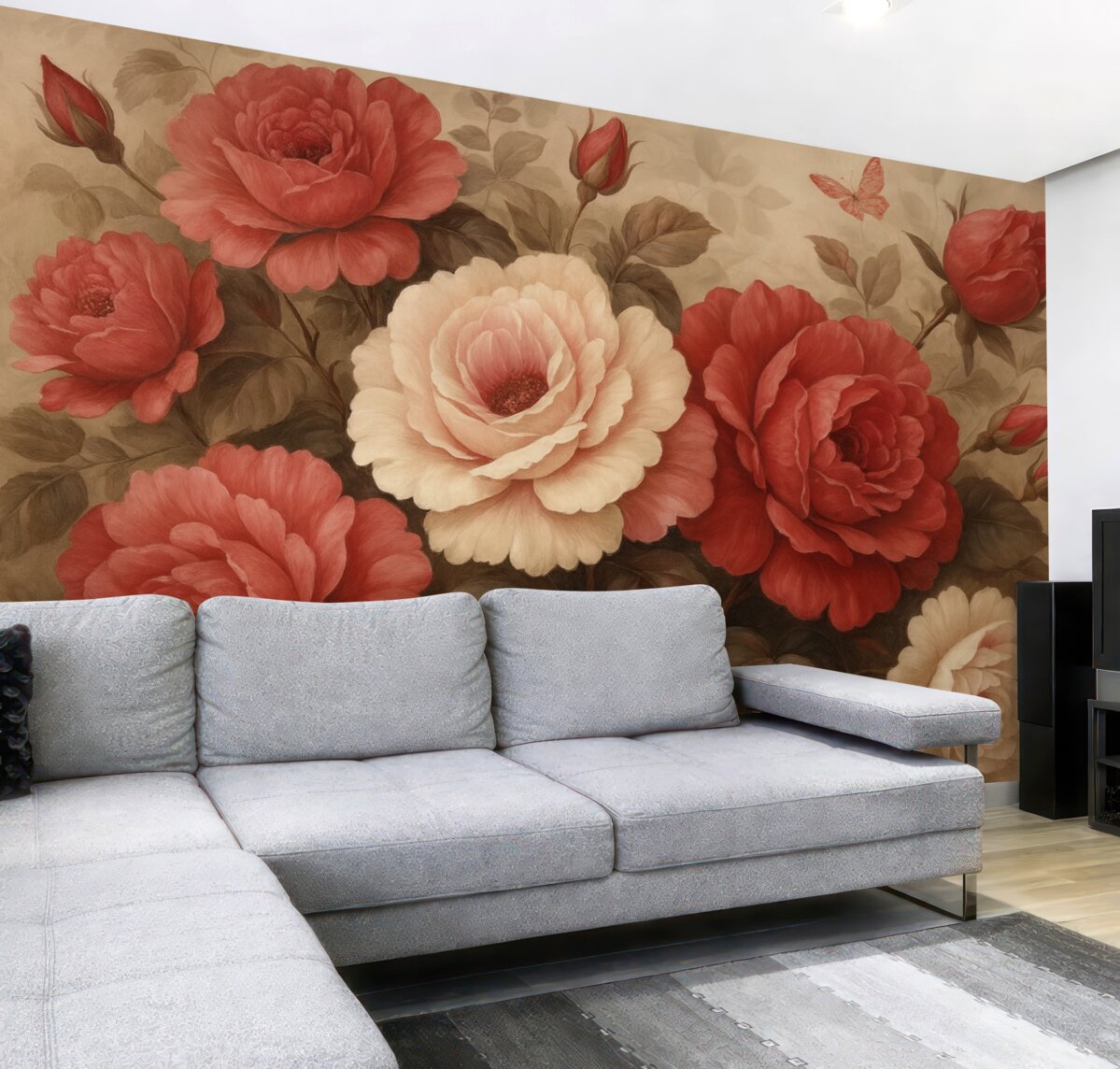 Fototapeta Kwiaty w stylu retro, w odcieniach różu i czerwieni.