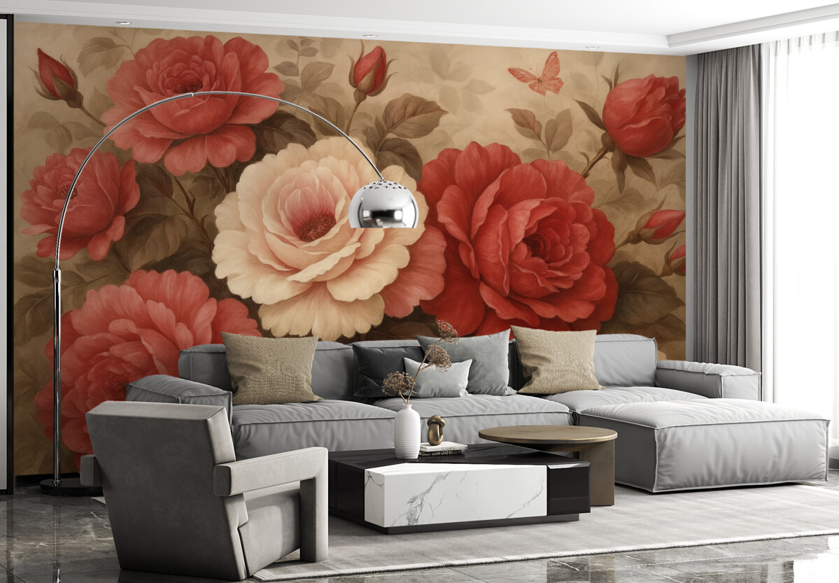 Fototapeta Kwiaty w stylu retro, w odcieniach różu i czerwieni.