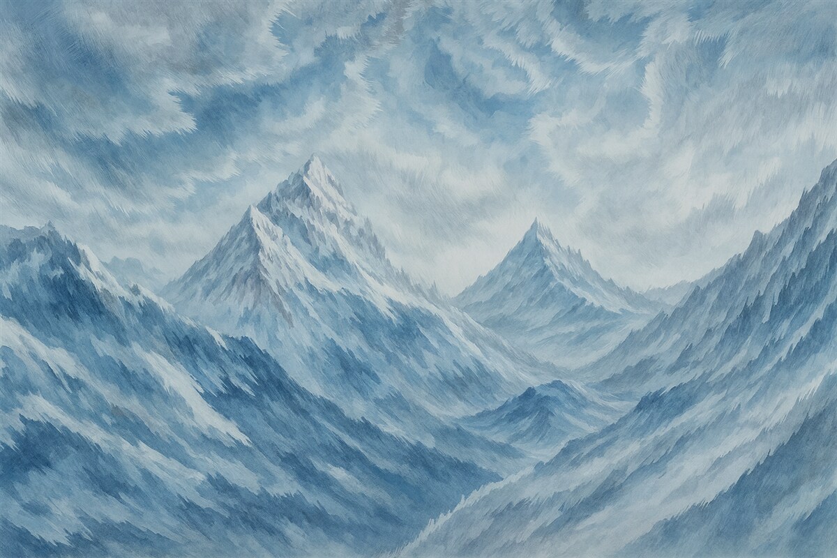 Fototapeta Śnieżna zamieć w górach w stylu grunge oraz jasnoniebieskiej tonacji.