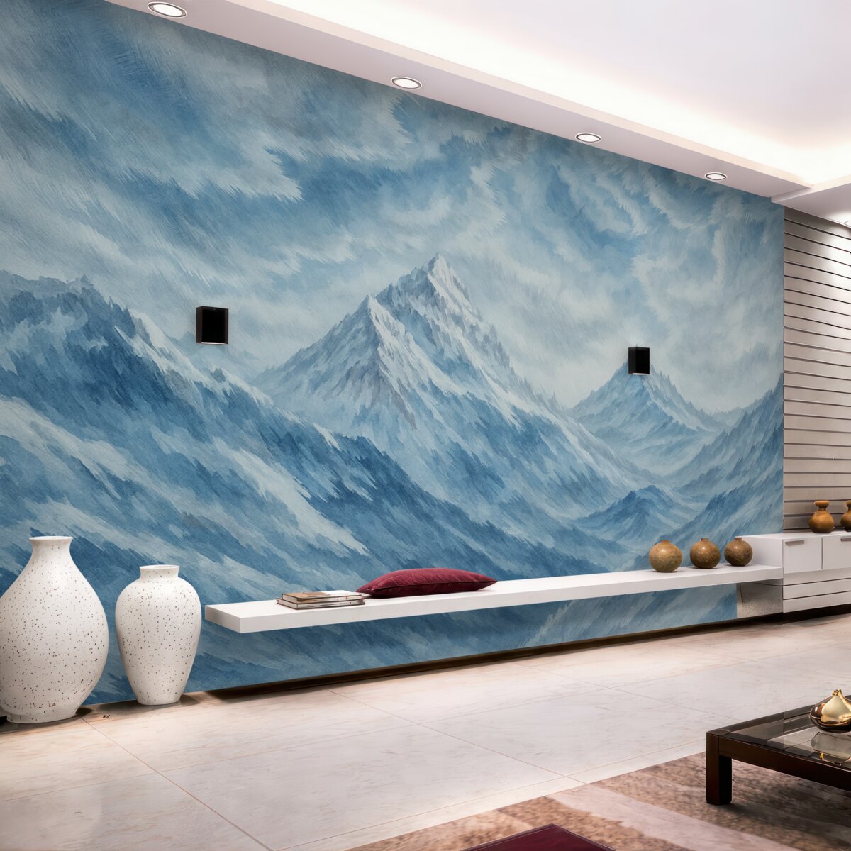 Fototapeta Śnieżna zamieć w górach w stylu grunge oraz jasnoniebieskiej tonacji.