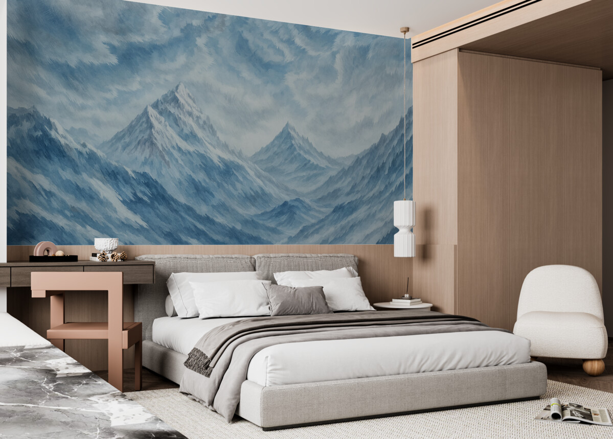 Fototapeta Śnieżna zamieć w górach w stylu grunge oraz jasnoniebieskiej tonacji.