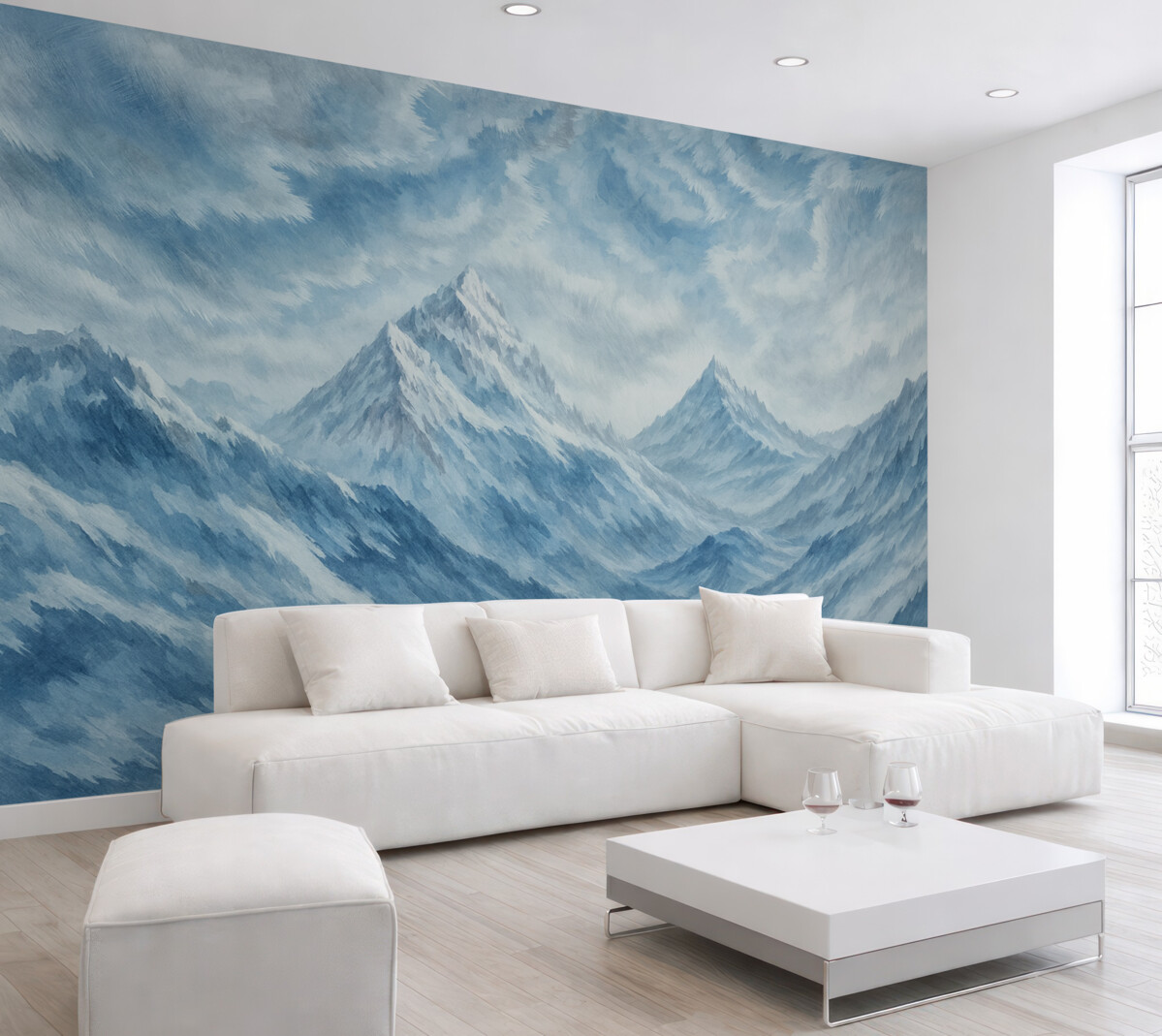 Fototapeta Śnieżna zamieć w górach w stylu grunge oraz jasnoniebieskiej tonacji.