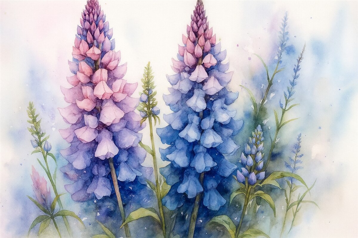 Fototapeta Kwitnące łubiny to wilgotna akwarela, w odcieniach niebieskiego i fioletowego.