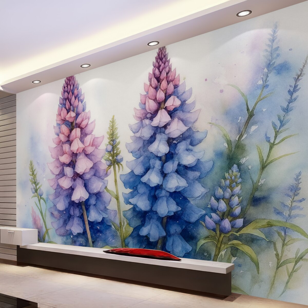 Fototapeta Kwitnące łubiny to wilgotna akwarela, w odcieniach niebieskiego i fioletowego.