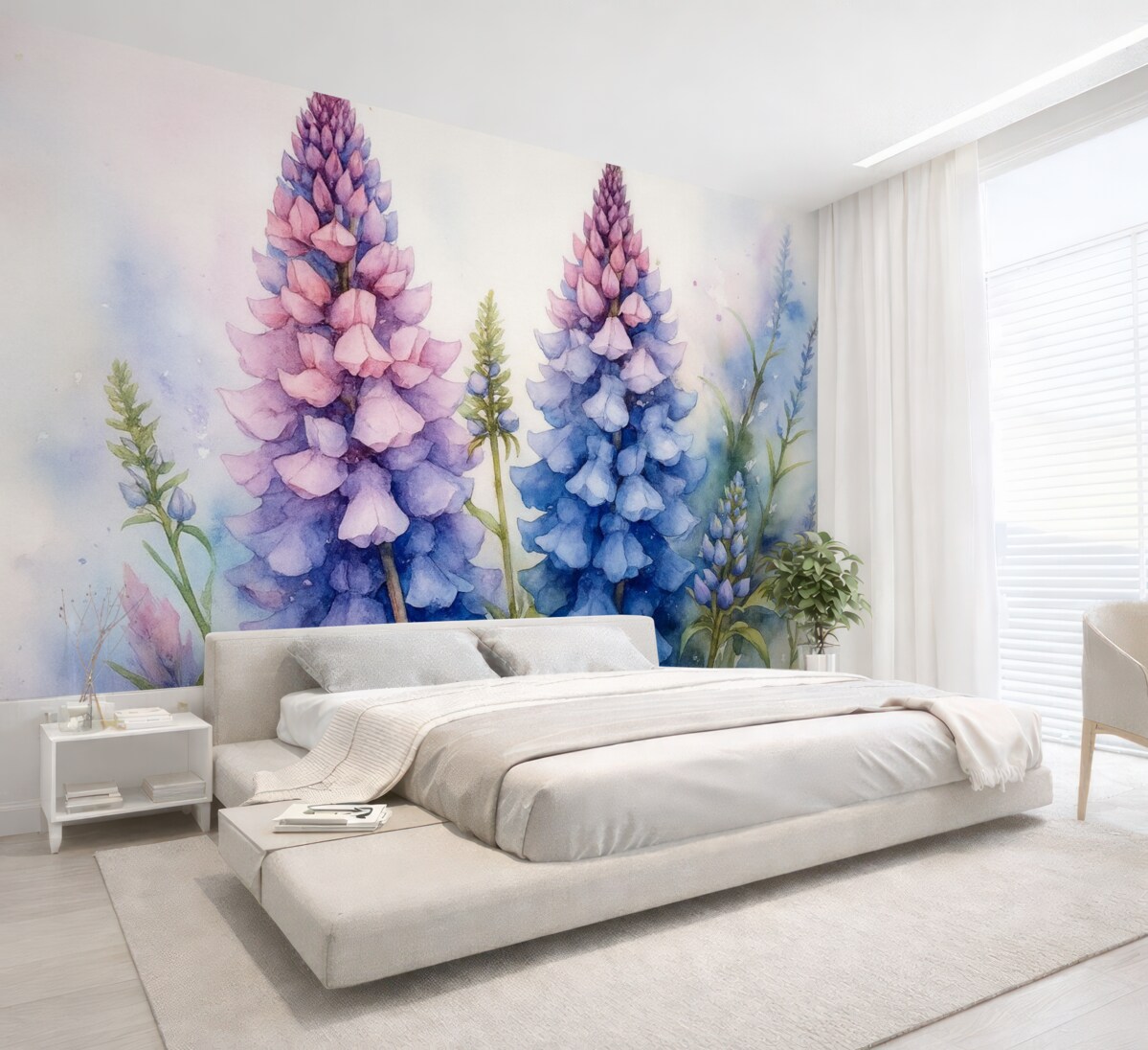 Fototapeta Kwitnące łubiny to wilgotna akwarela, w odcieniach niebieskiego i fioletowego.