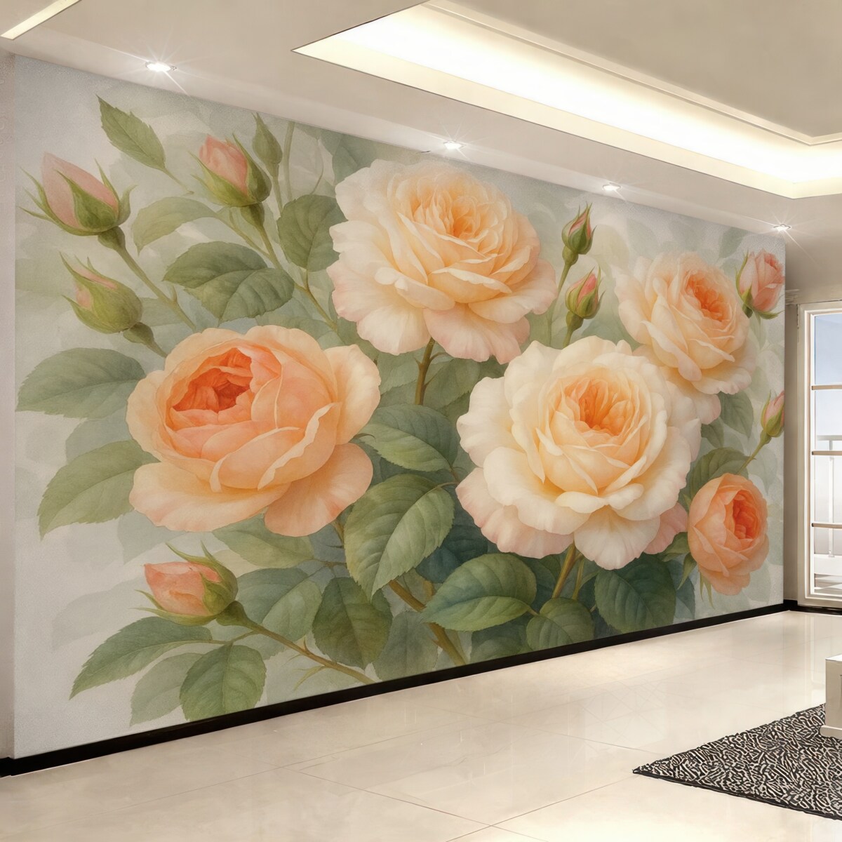 Fototapeta Duże kwiaty róż w mokrej akwareli.