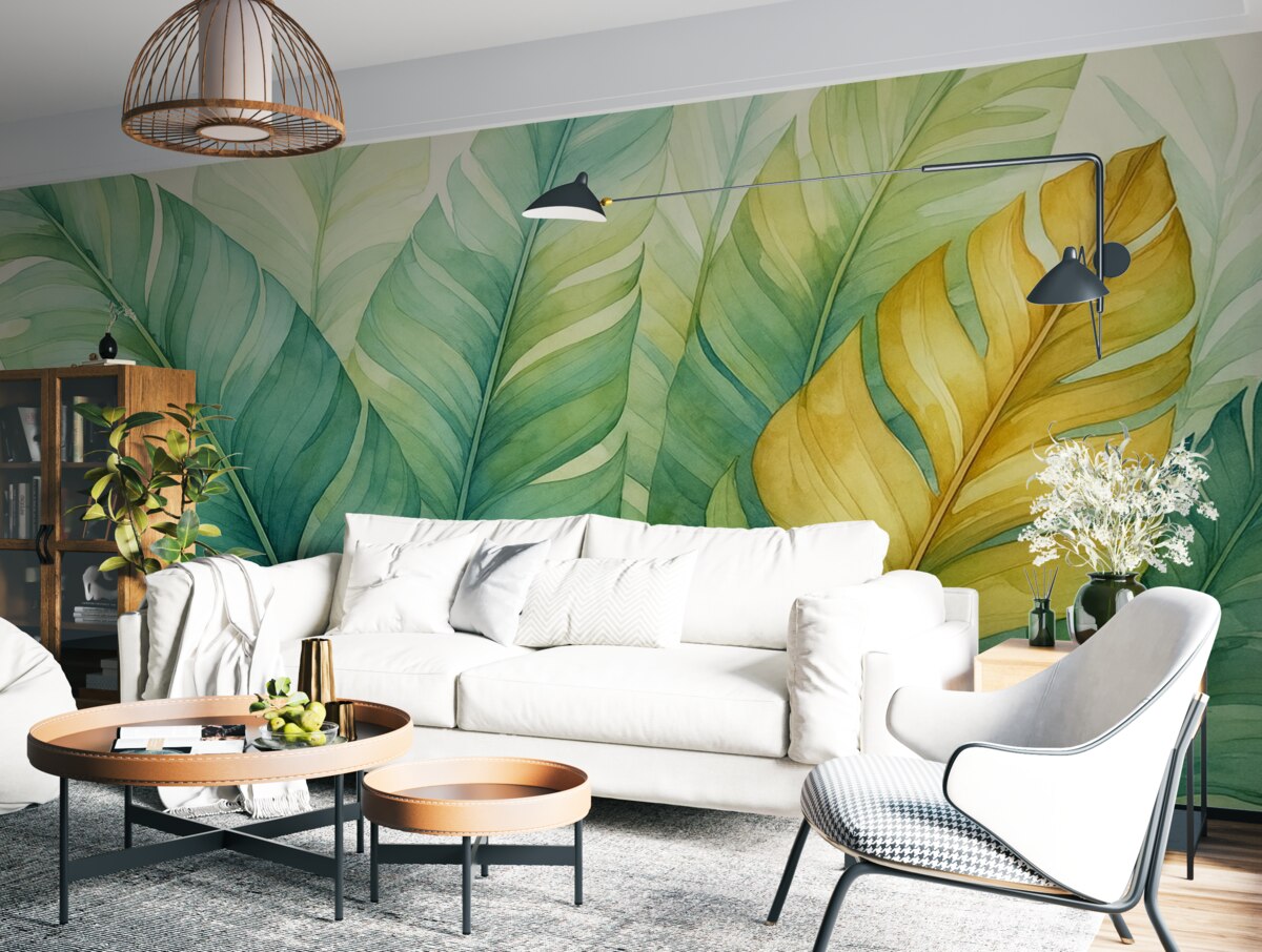 Fototapeta Tropikalne liście bananowca wilgotna akwarela.