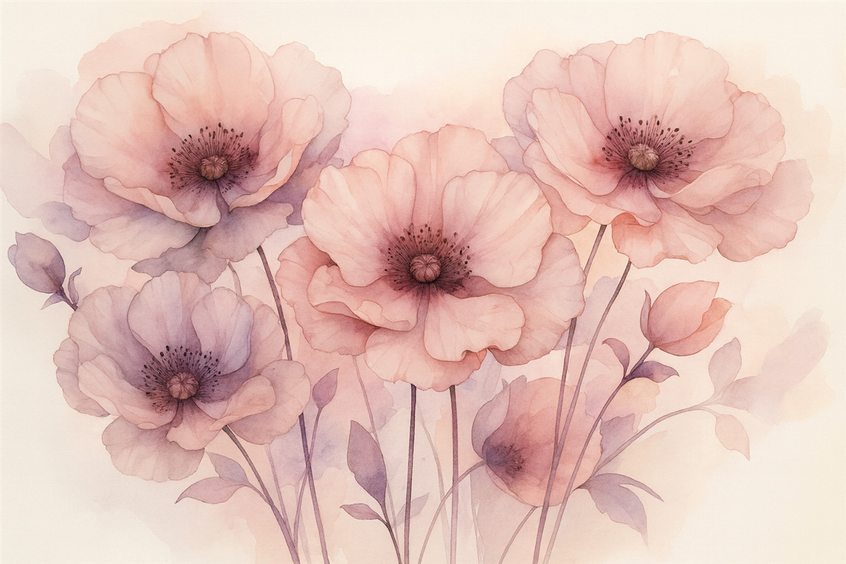 Fototapeta Wilgotna akwarela półprzezroczystych kwiatów, odcień różowo-fioletowy.