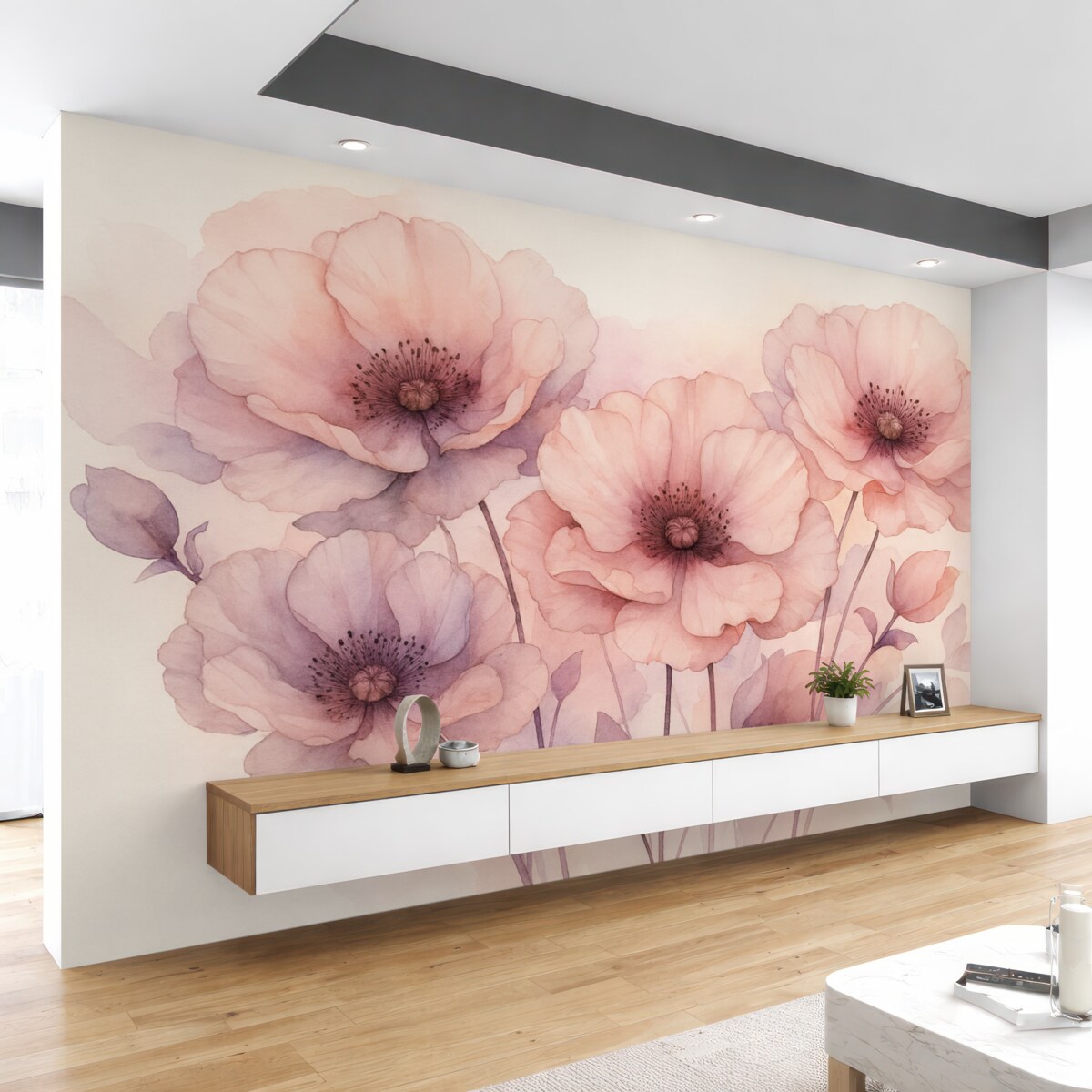 Fototapeta Wilgotna akwarela półprzezroczystych kwiatów, odcień różowo-fioletowy.